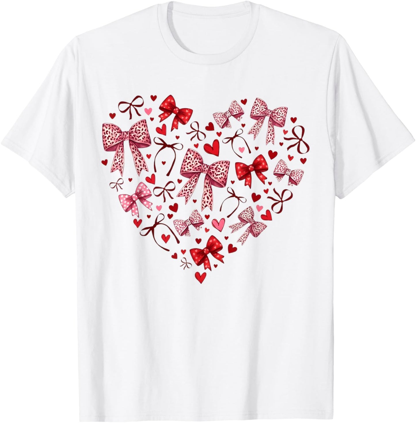Valentines Day Hearts Leopard Coquette Bow Women Girls Boys T-Shirt - T-Shirt | White