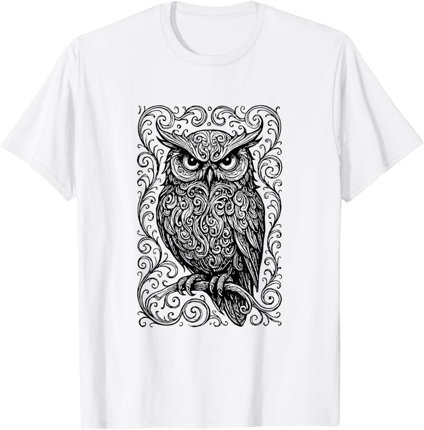 Owl Mystic Ornate Scroll Sketch Drawing T-Shirt - T-Shirt | White