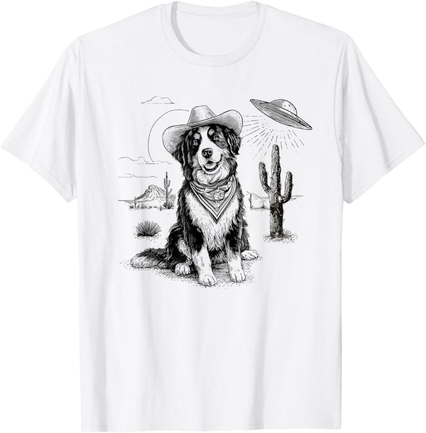 Funny UFO Bernese Mountain Dog Alien Vintage 90s Wild West T-Shirt - T-Shirt | White