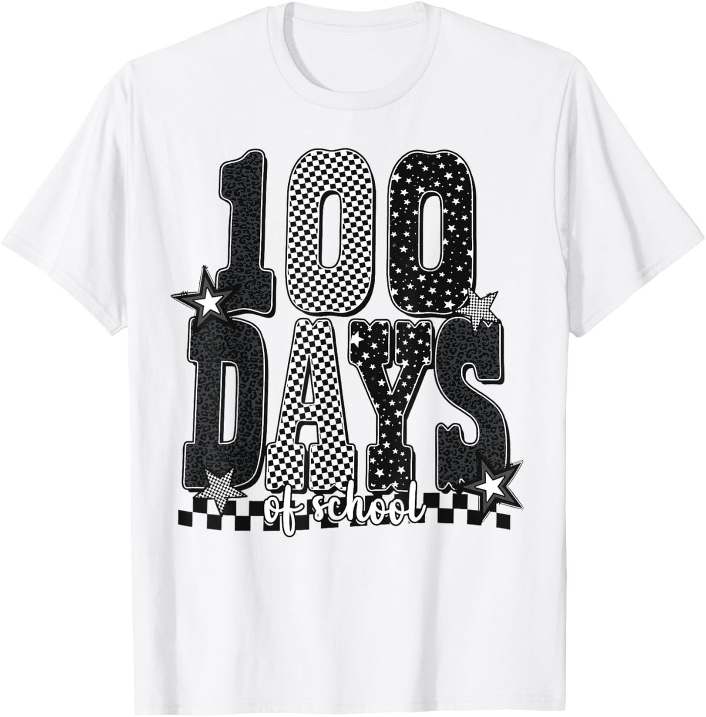 Black White Checkered Leopard 100 Days of School Stars T-Shirt - T-Shirt | White