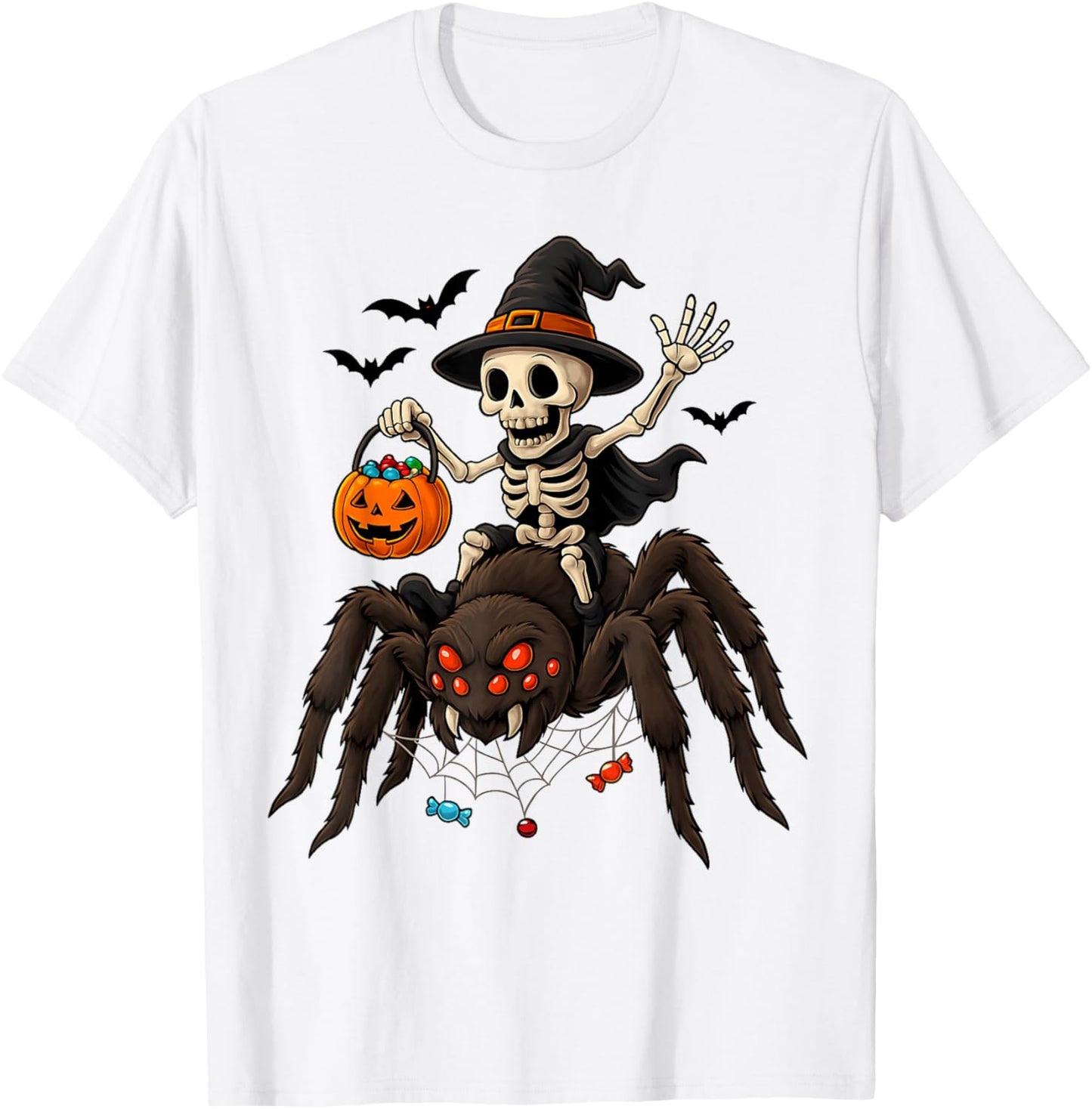Skeleton Riding Spider Funny Halloween Costume Men Women Kid T-Shirt - T-Shirt | White