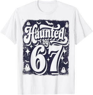 Haunted by 67 – Spooky Halloween Ghost Six Seven Meme Retro T-Shirt - T-Shirt | White