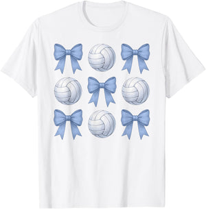 Volleyball Coquette Toile Blue Bow Cute Girls Volleyball T-Shirt - T-Shirt | White