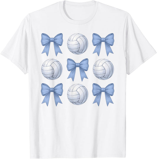 Volleyball Coquette Toile Blue Bow Cute Girls Volleyball T-Shirt - T-Shirt | White