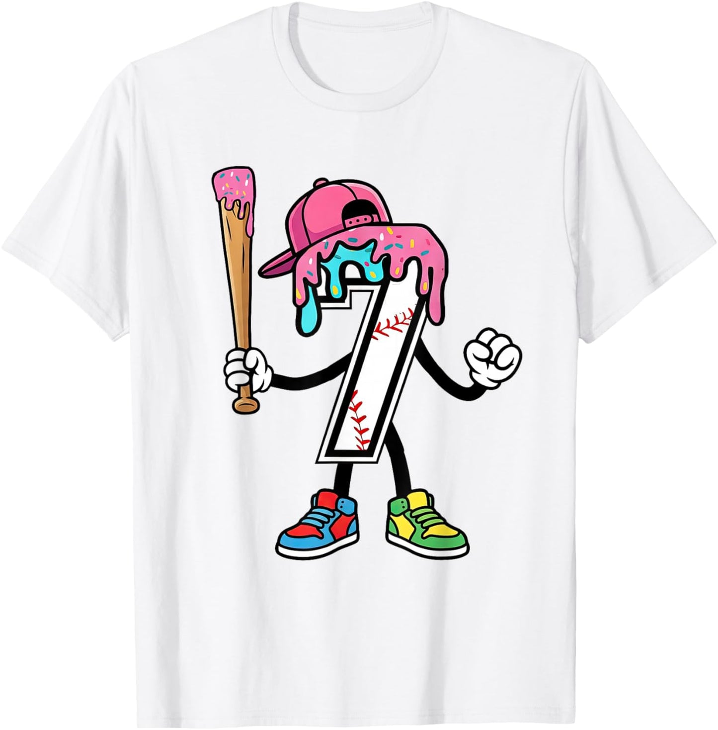 7th Birthday Baseball Ice-Cream Drip 7 Years Old Boys Girls T-Shirt - T-Shirt | White