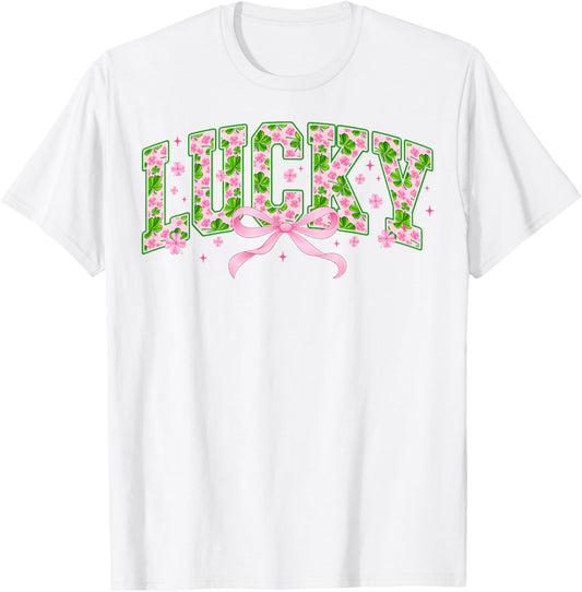 Lucky Pink Ribbon Shamrock St Patricks Women Kid T-Shirt - T-Shirt | White