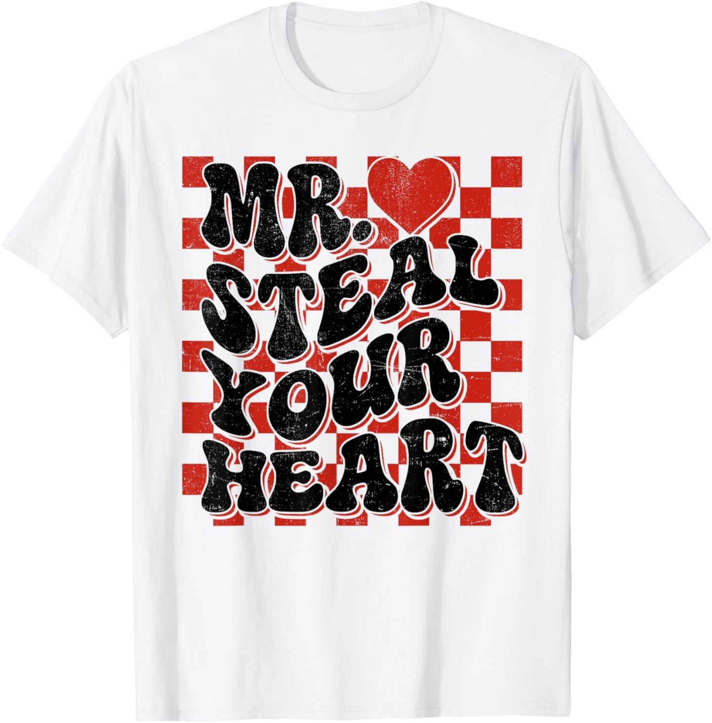 Cute Valentine Boy Mr Steal Your Heart Checkered Heart Kids T-Shirt - T-Shirt | White