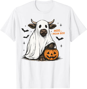 Moo I Mean Boo Funny Highland Cow Ghost Halloween Farmer T-Shirt - T-Shirt | White