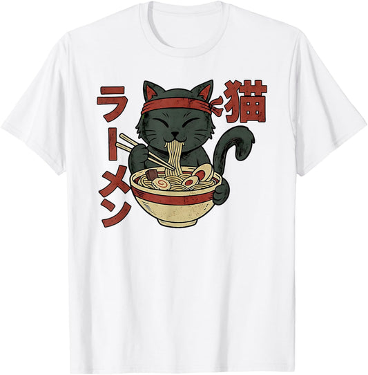 Cat Eating Ramen Retro Japanese Art Kawaii Anime T-Shirt - T-Shirt | White