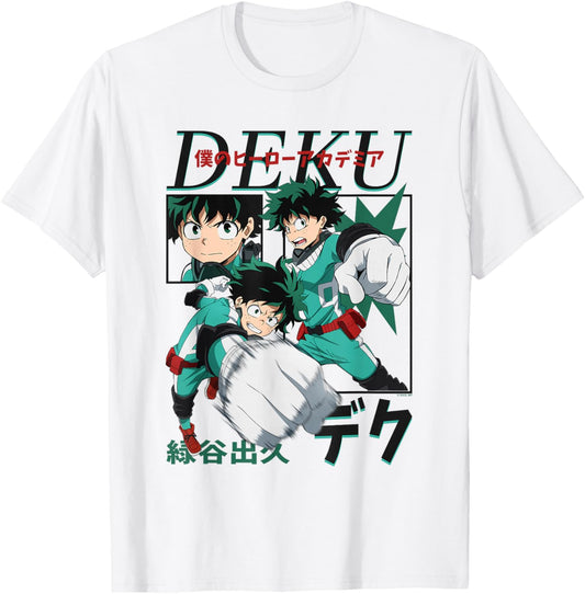 My Hero Academia Deku Action Poses Collage with Kanji Anime T-Shirt - T-Shirt | White