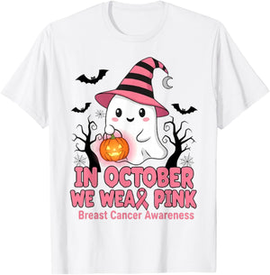 in October We Wear Pink Ghost Witch Breast Cancer Awareness T-Shirt - T-Shirt | White