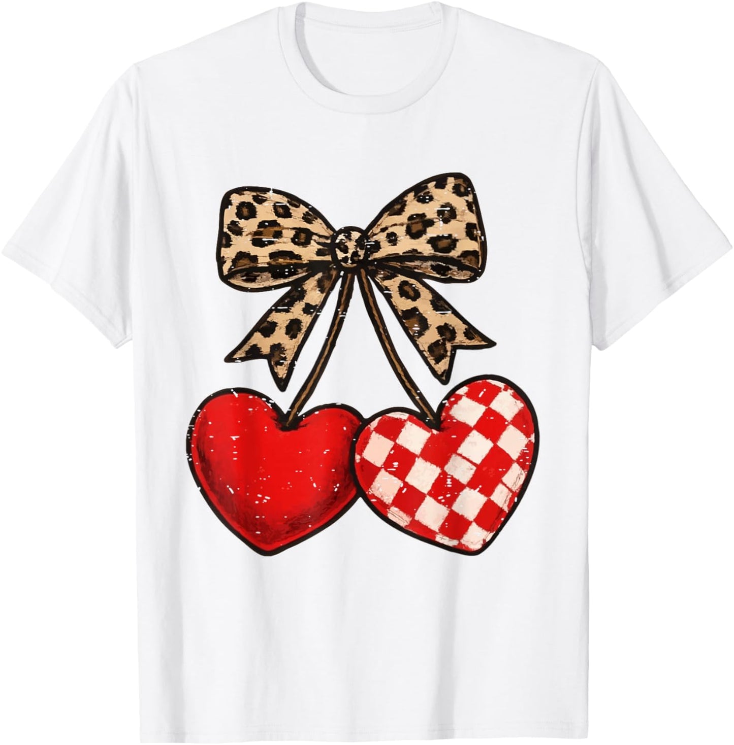 Leopard Coquette Bow Cherries Heart Funny Valentine Cherry T-Shirt - T-Shirt | White