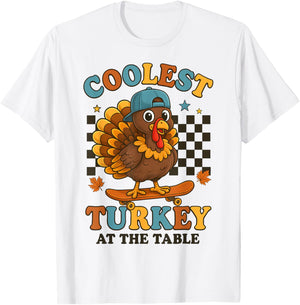 Coolest Turkey at Table Thanksgiving Boys Kids Toddler T-Shirt - T-Shirt | White