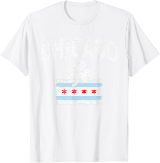 Chicago St Patrick’s Day Funny Vintage Chicago Flag Shamrock T-Shirt - T-Shirt | White