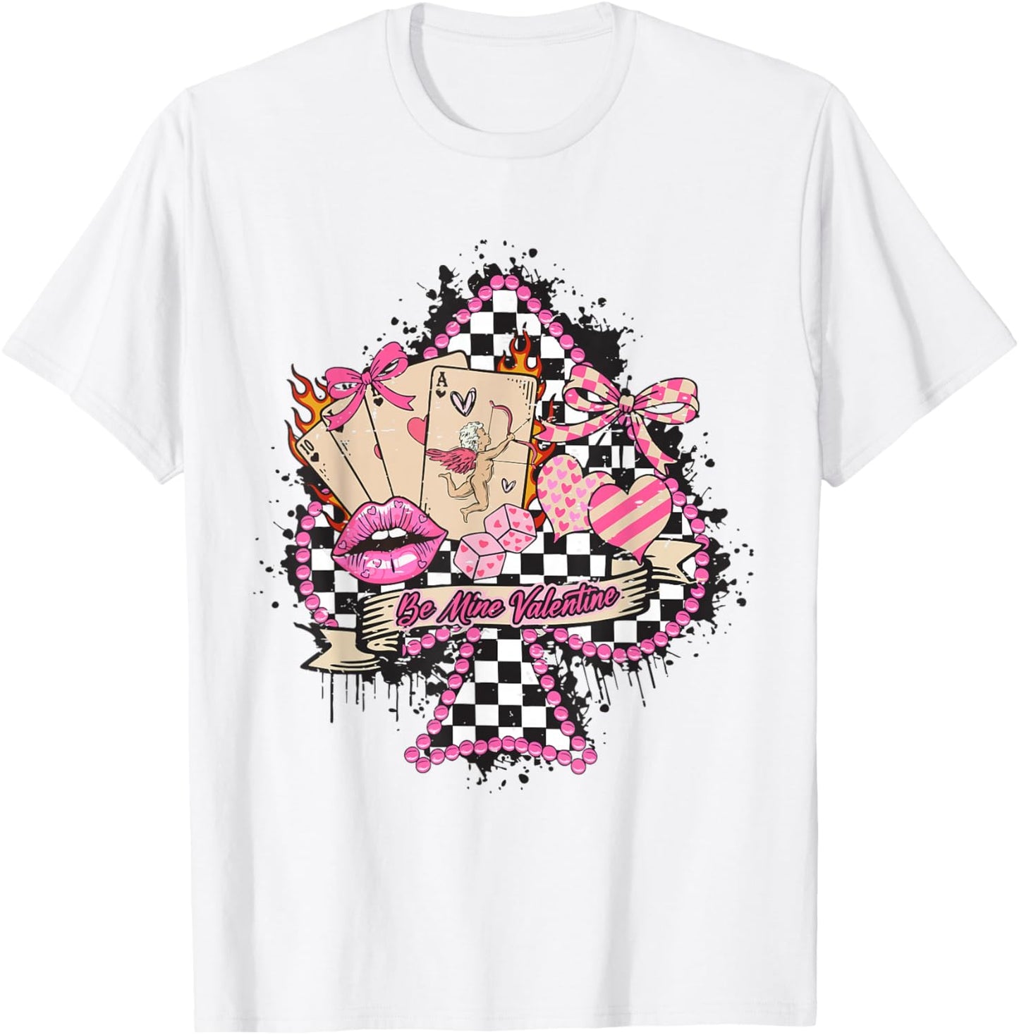 Retro Checkered Western Be Mine Valentine Cherry Bow Cupid T-Shirt - T-Shirt | White