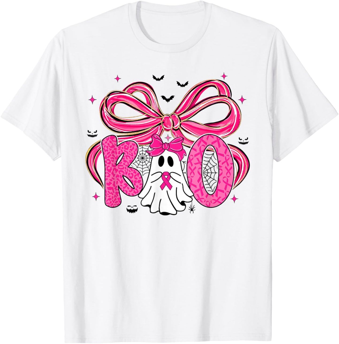 Coquette Bow Ghost Boo Breast Cancer Awareness Halloween T-Shirt - T-Shirt | White