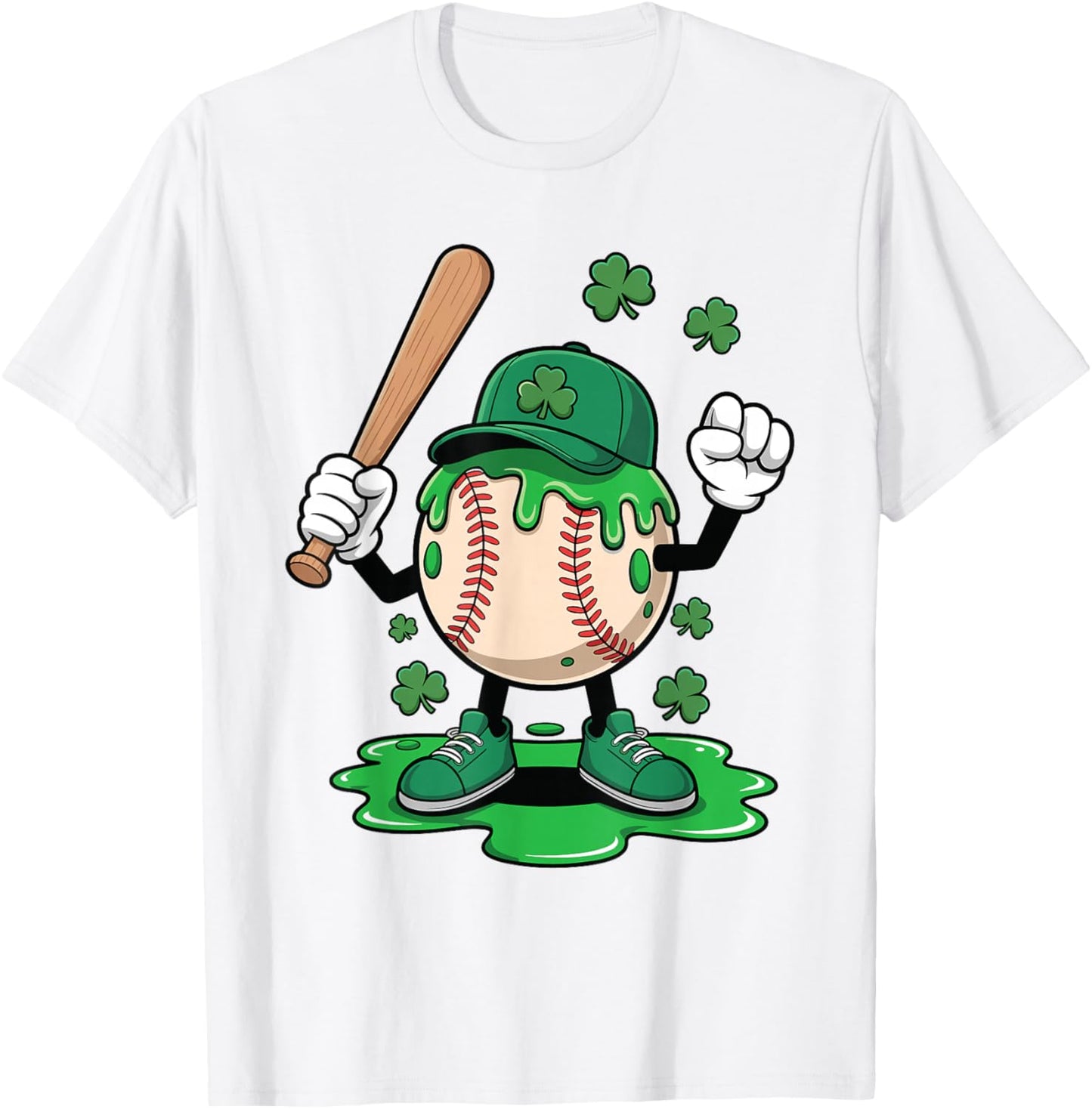 Baseball Ice Cream Drip Happy St Patricks Day Shamrocks T-Shirt - T-Shirt | White