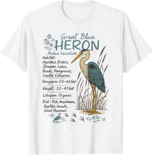 Great Blue Heron Bird Lover Wildlife Biology Bird Watching T-Shirt - T-Shirt | White