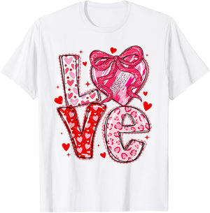 Valentines Day Love Hearts Leopard Coquette Bow Women Girls T-Shirt - T-Shirt | White