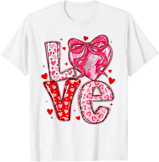 Valentines Day Love Hearts Leopard Coquette Bow Women Girls T-Shirt - T-Shirt | White