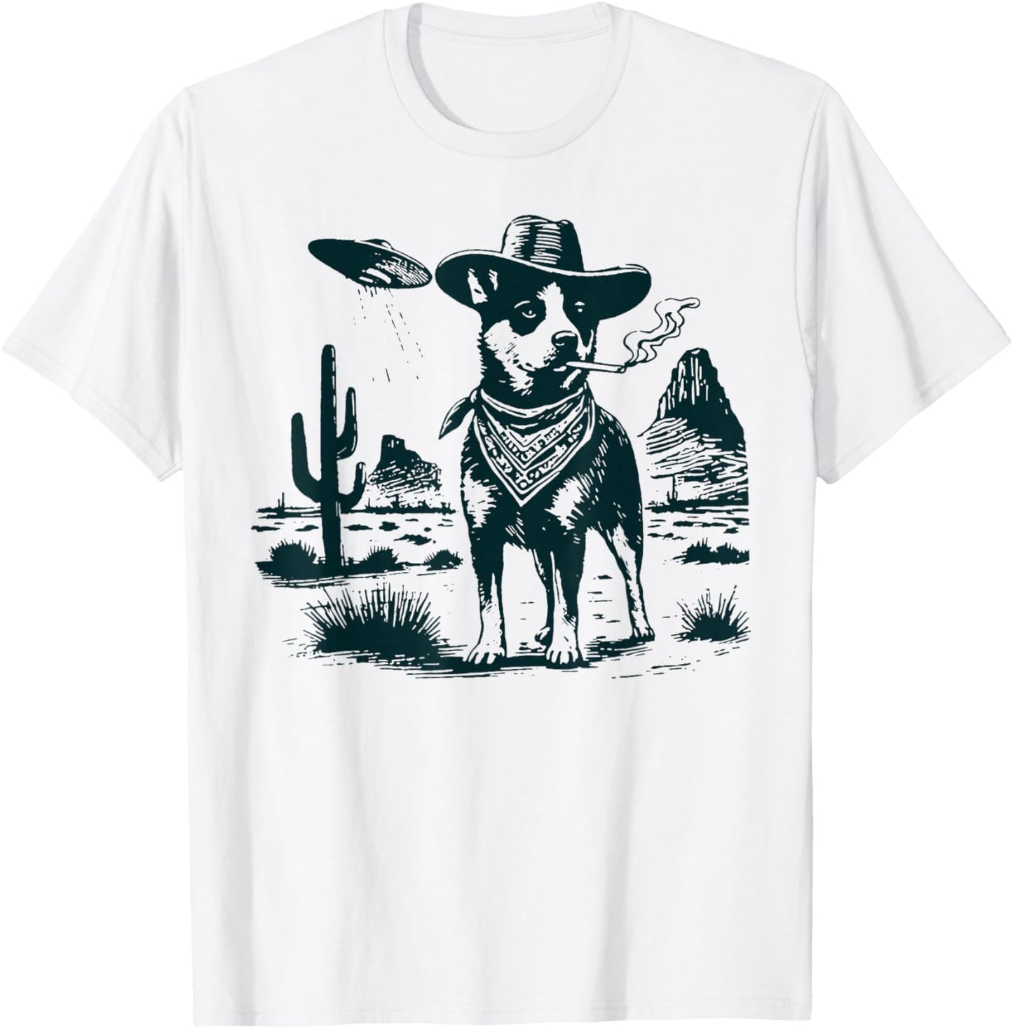 Australian Cattle Dog Smoking with UFO Western Cowboy Dog T-Shirt - T-Shirt | White