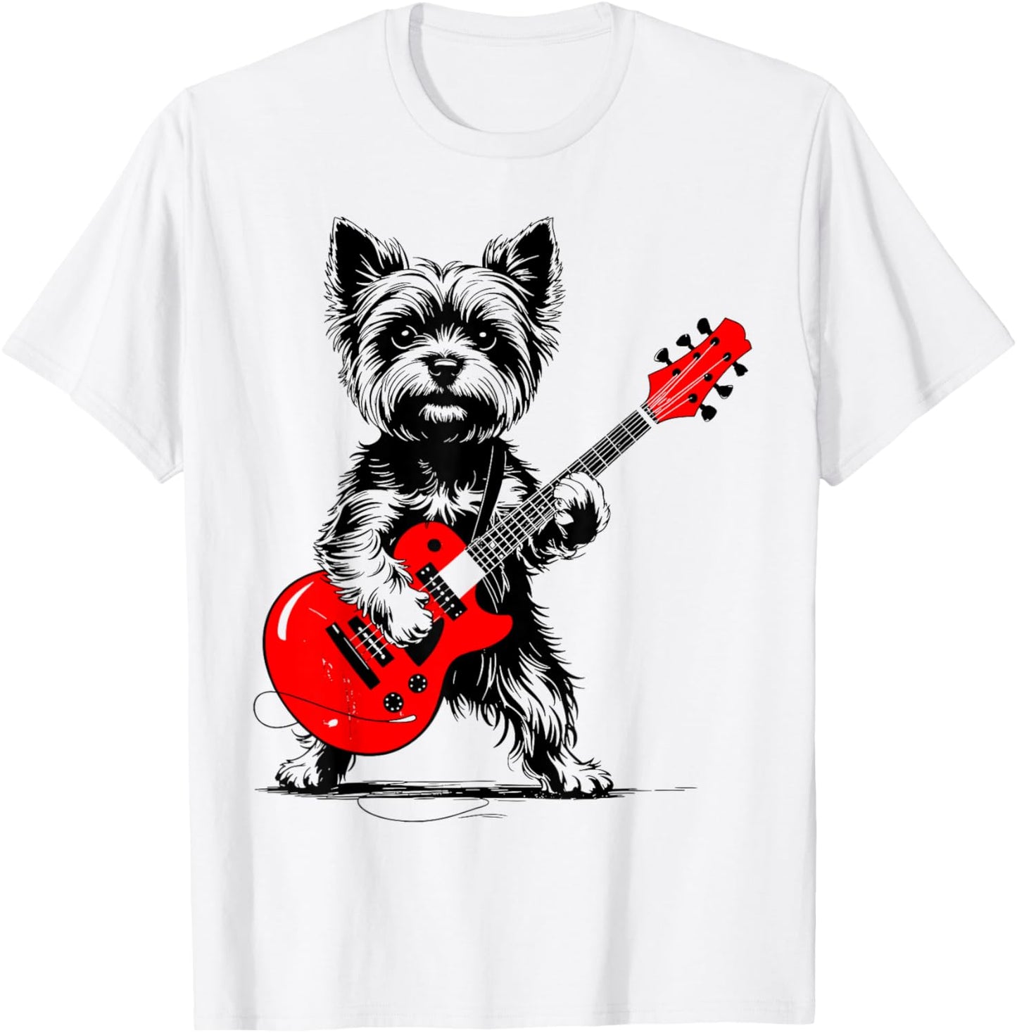 Vintage Yorkie Rock Funny Dog Playing Guitar Rock Style T-Shirt - T-Shirt | White