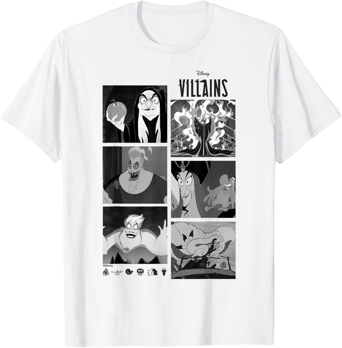 Disney Villains Classic Black & White Artwork T-Shirt - T-Shirt | White
