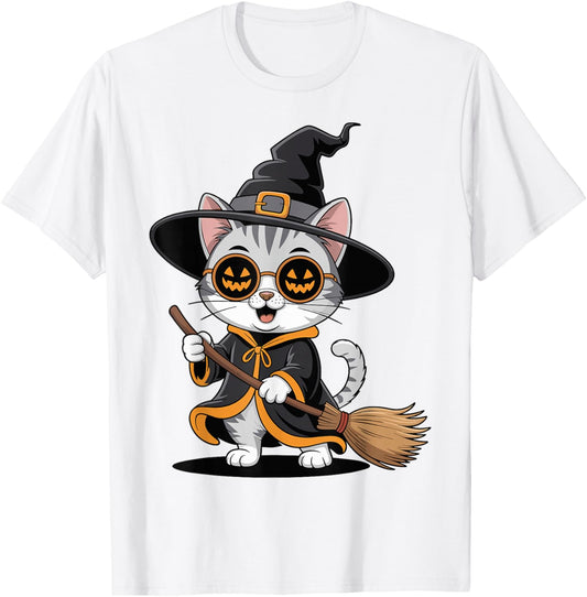 Cool Cute Cat Witch Men Women Kids Funny Halloween T-Shirt - T-Shirt | White