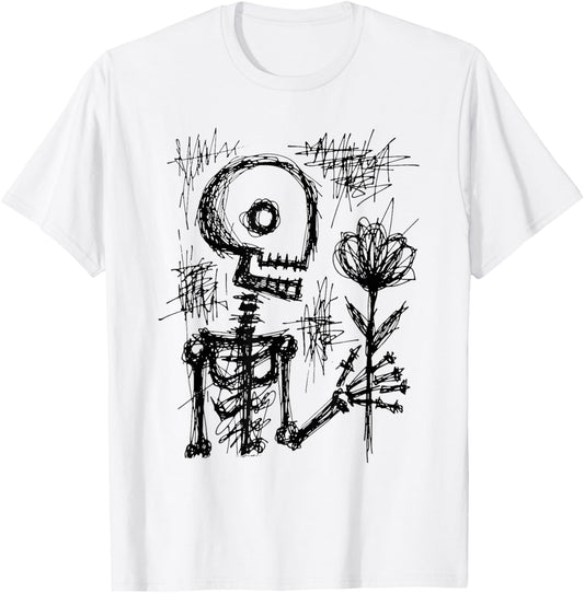 Hand Drawn Skeleton Holding Flower T-Shirt - T-Shirt | White