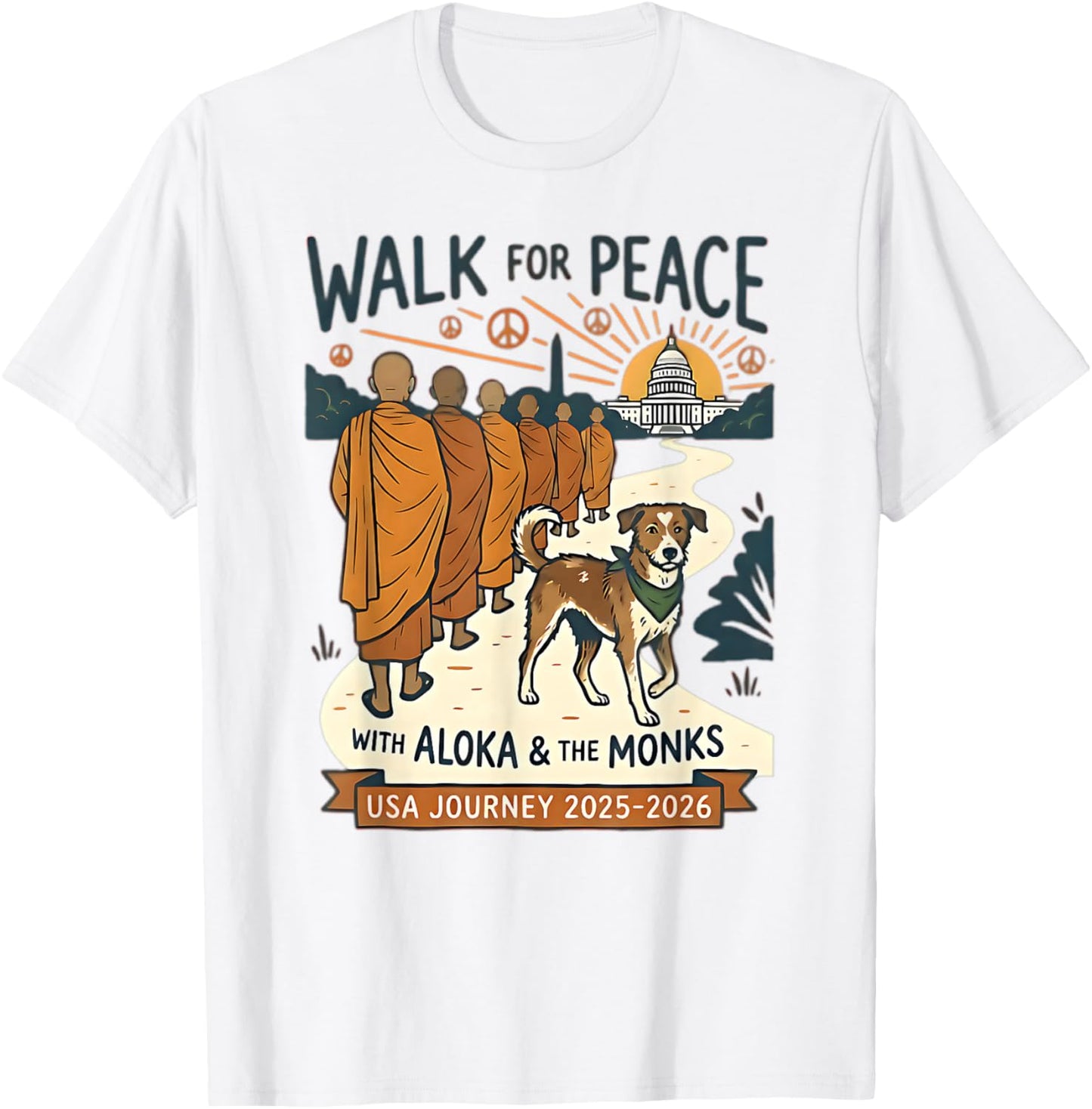 Walk for Peace Monks Dog USA Journey 2025-2026 Vintage Zen T-Shirt - T-Shirt | White