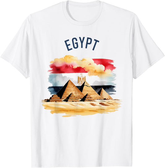 Egypt Pyramids Vintage Watercolor Flag Scenic Nature Travel T-Shirt - T-Shirt | White