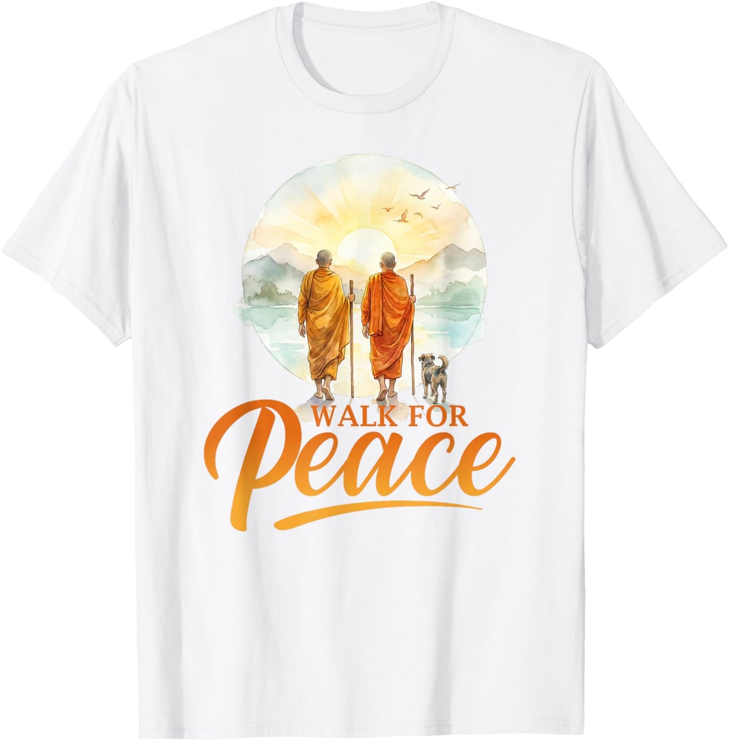 Walk for Peace Monks with Aloka Dog Minimalist Zen Art T-Shirt - T-Shirt | White