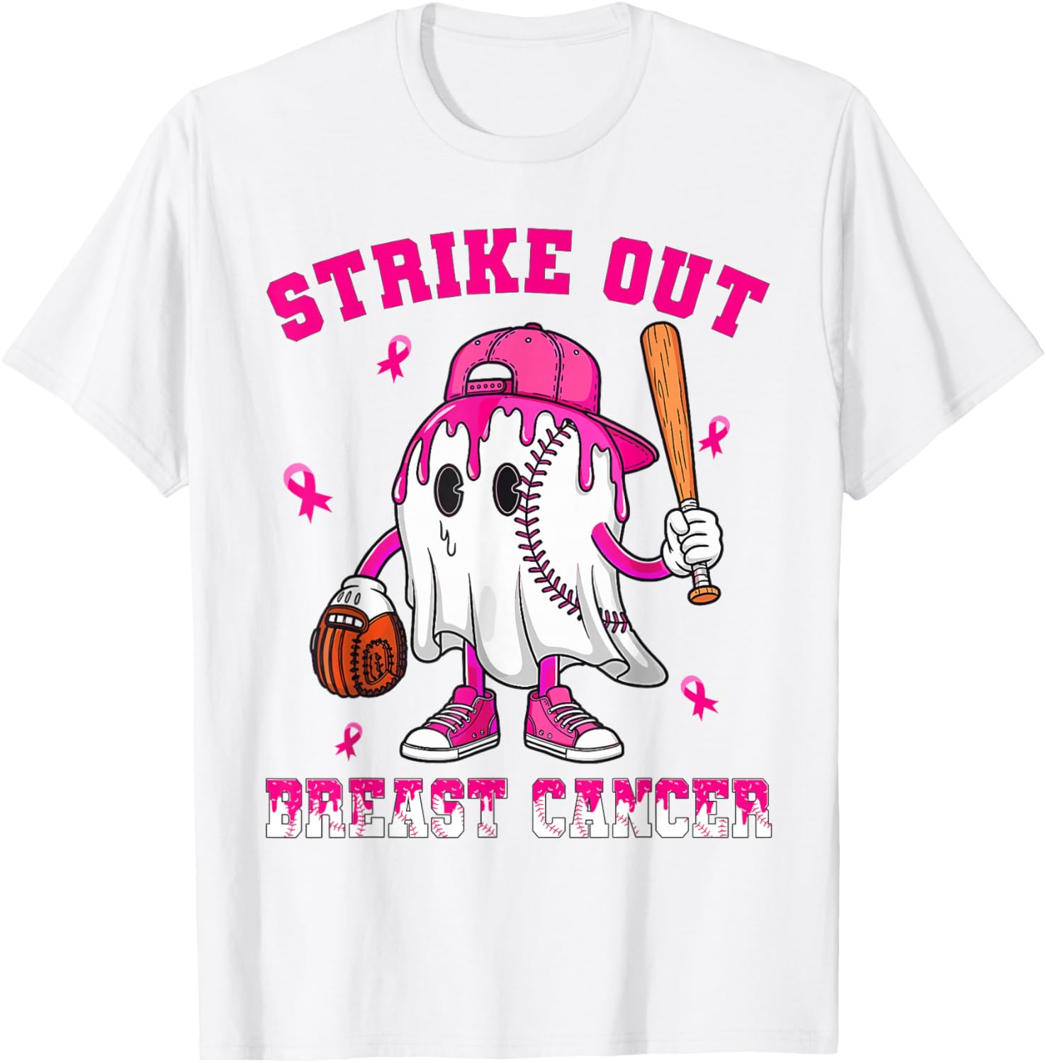 Strike Out Breast Cancer Shirt Boy Baseball Drip Pink Ribbon T-Shirt - T-Shirt | White