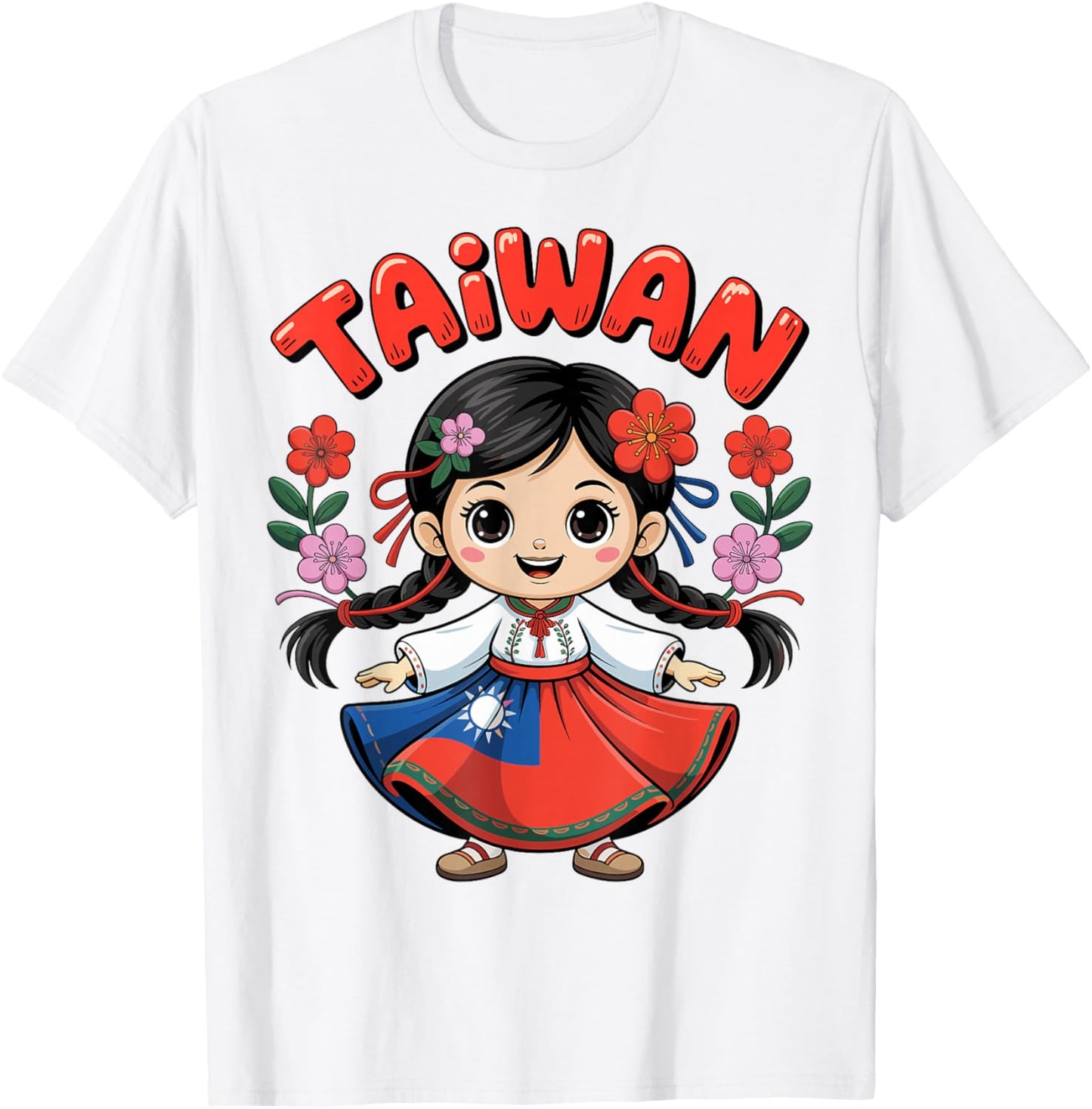 Cute Taiwan Girl Traditional Dress with Plum Blossoms Kids T-Shirt - T-Shirt | White