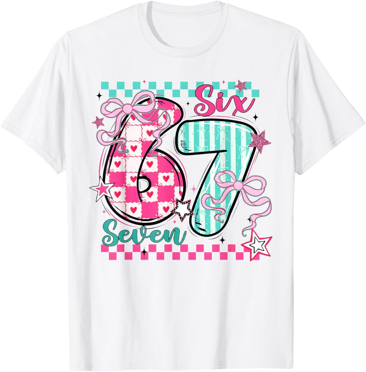 Valentine Six Seven 6 7 Coquette Bow Meme Heart Women Girl T-Shirt - T-Shirt | White