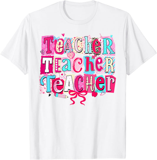 Retro Teacher Valentine Coquette Bow Teacher Valentines Day T-Shirt - T-Shirt | White