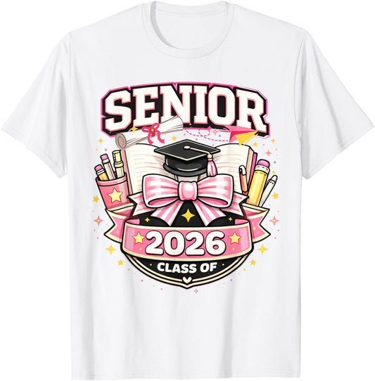 Class of 2026 Pink Bow Senior Graduation for Girls T-Shirt - T-Shirt | White