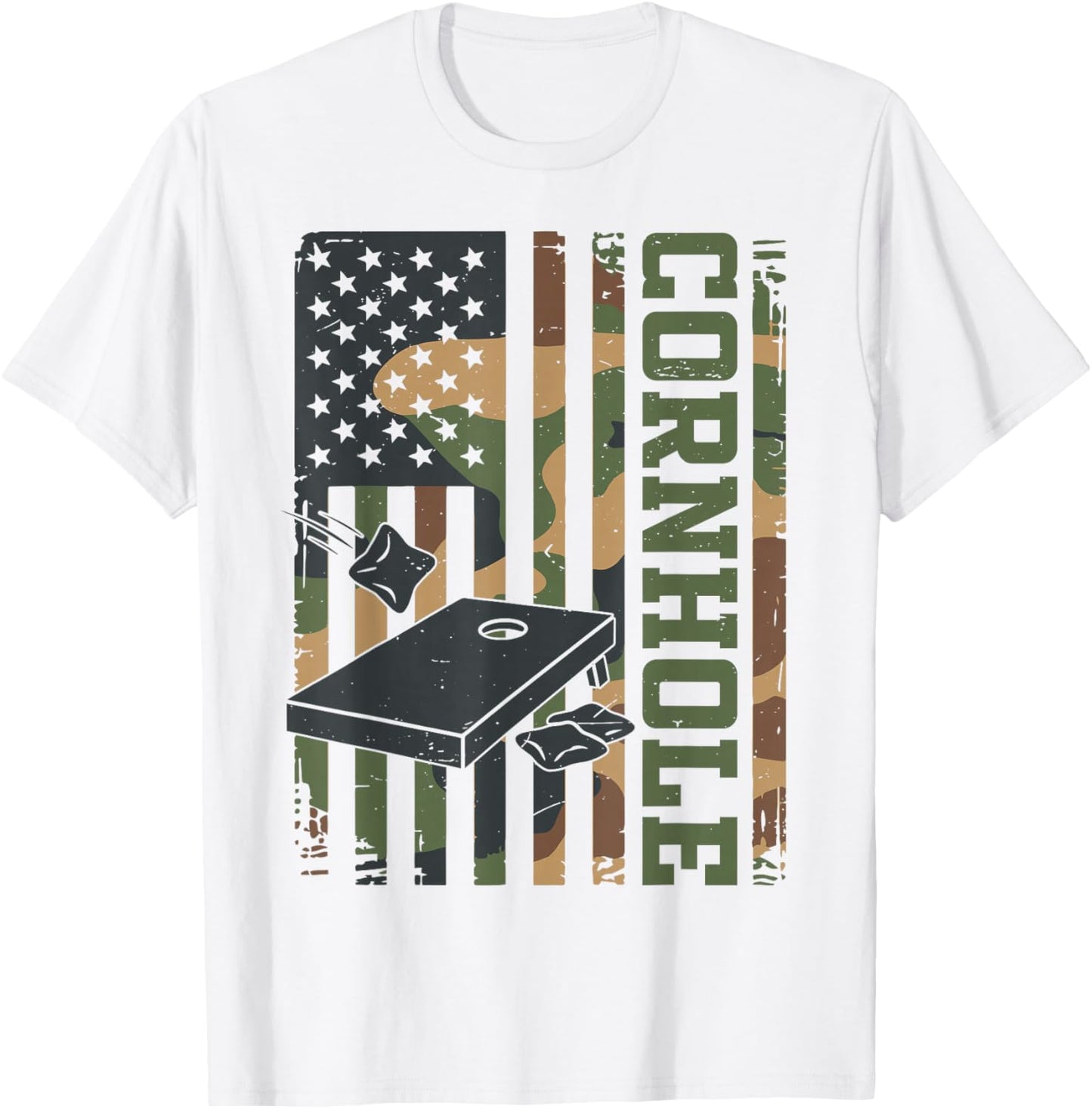 Daddy Cornhole Dad Team Camo American Flag Corn Hole Funny T-Shirt - T-Shirt | White