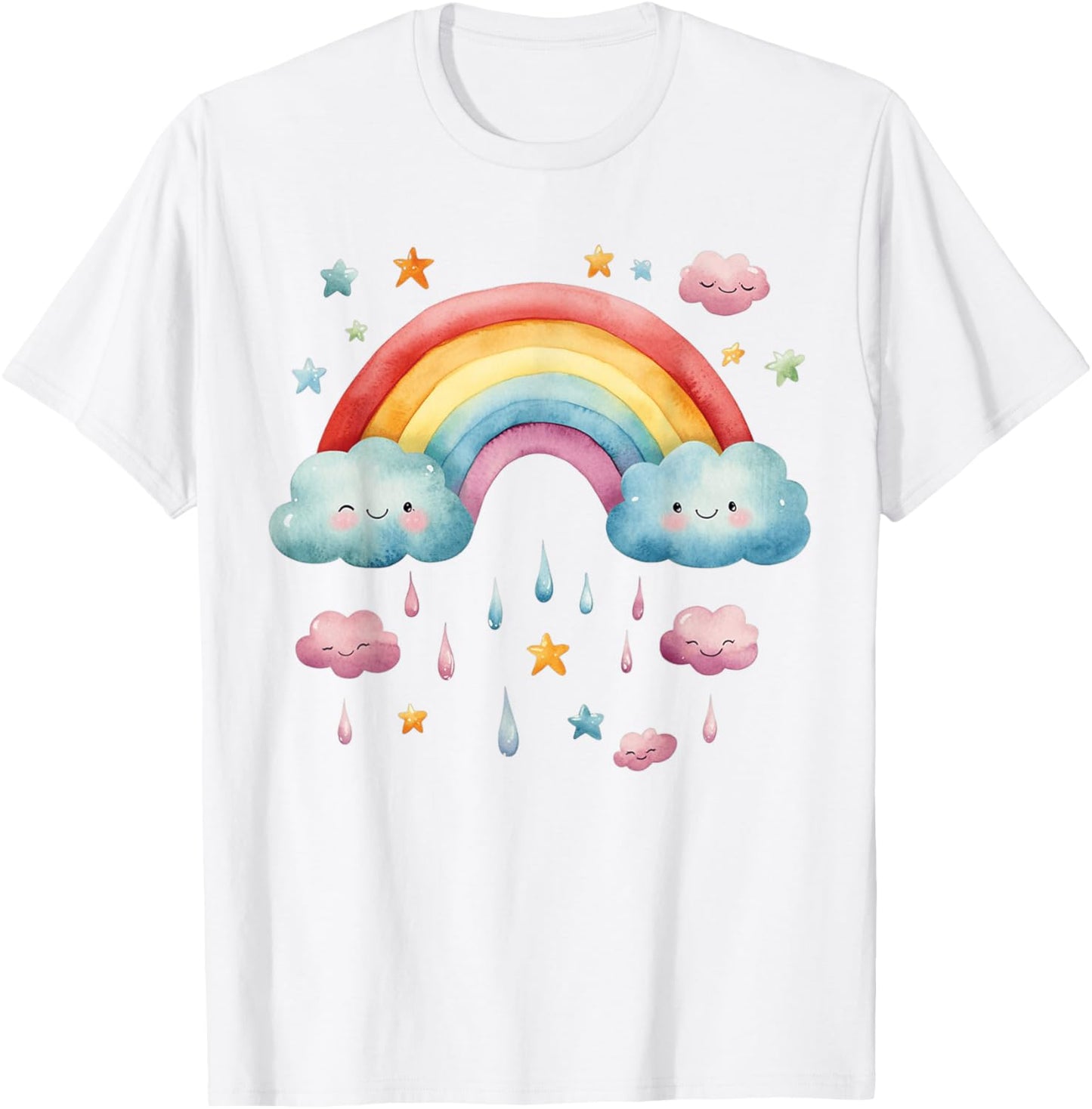 Rainbow with Cute Cloud and Rain T-Shirt - T-Shirt | White