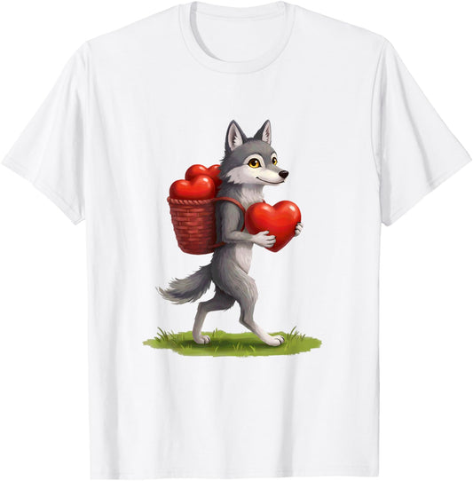 Wolf with Bag of Hearts Valentines Day T-Shirt - T-Shirt | White
