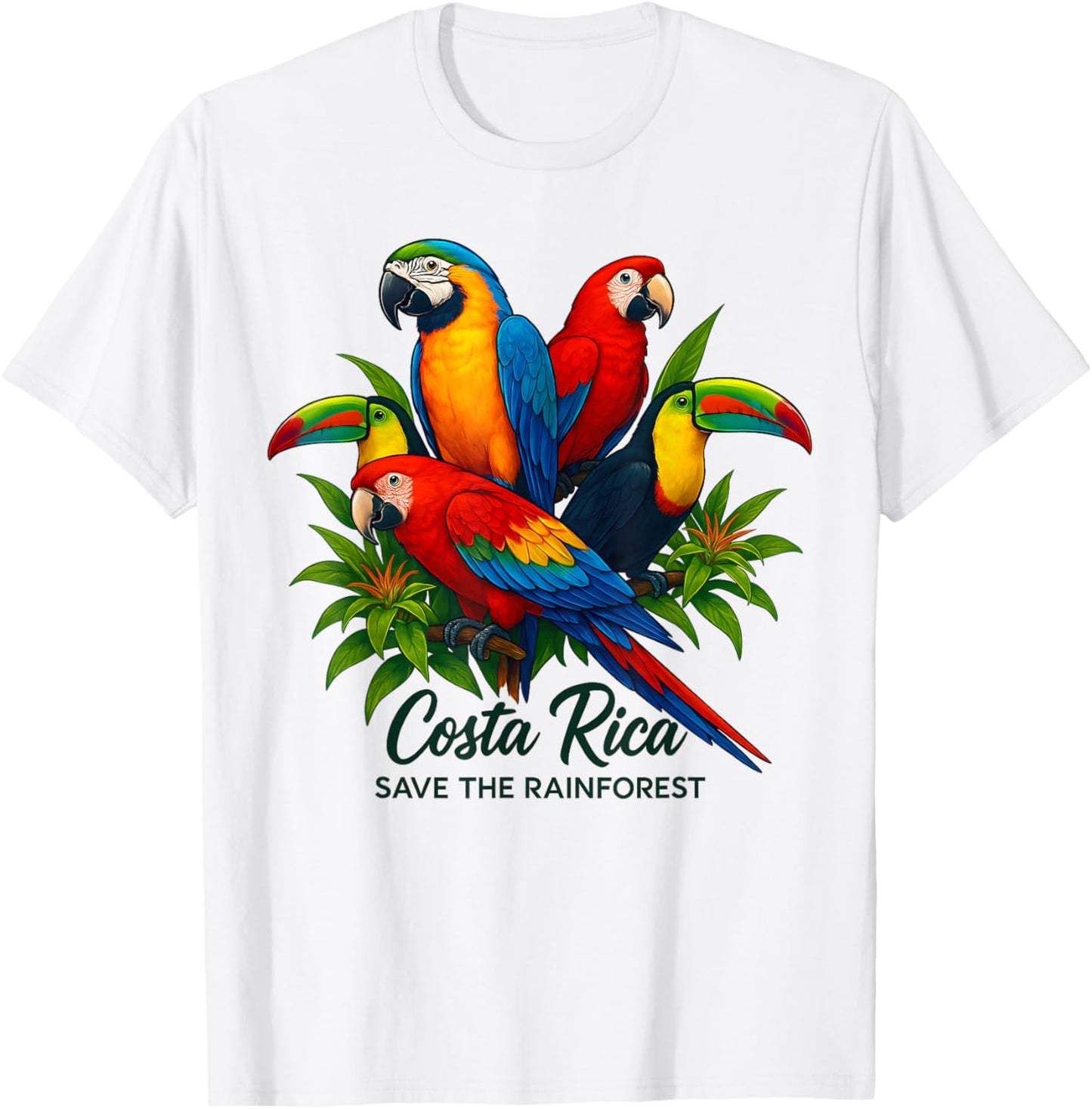 Costa Rica Save The Rainforest Birds Quetzal Macaw Toucan T-Shirt - T-Shirt | White