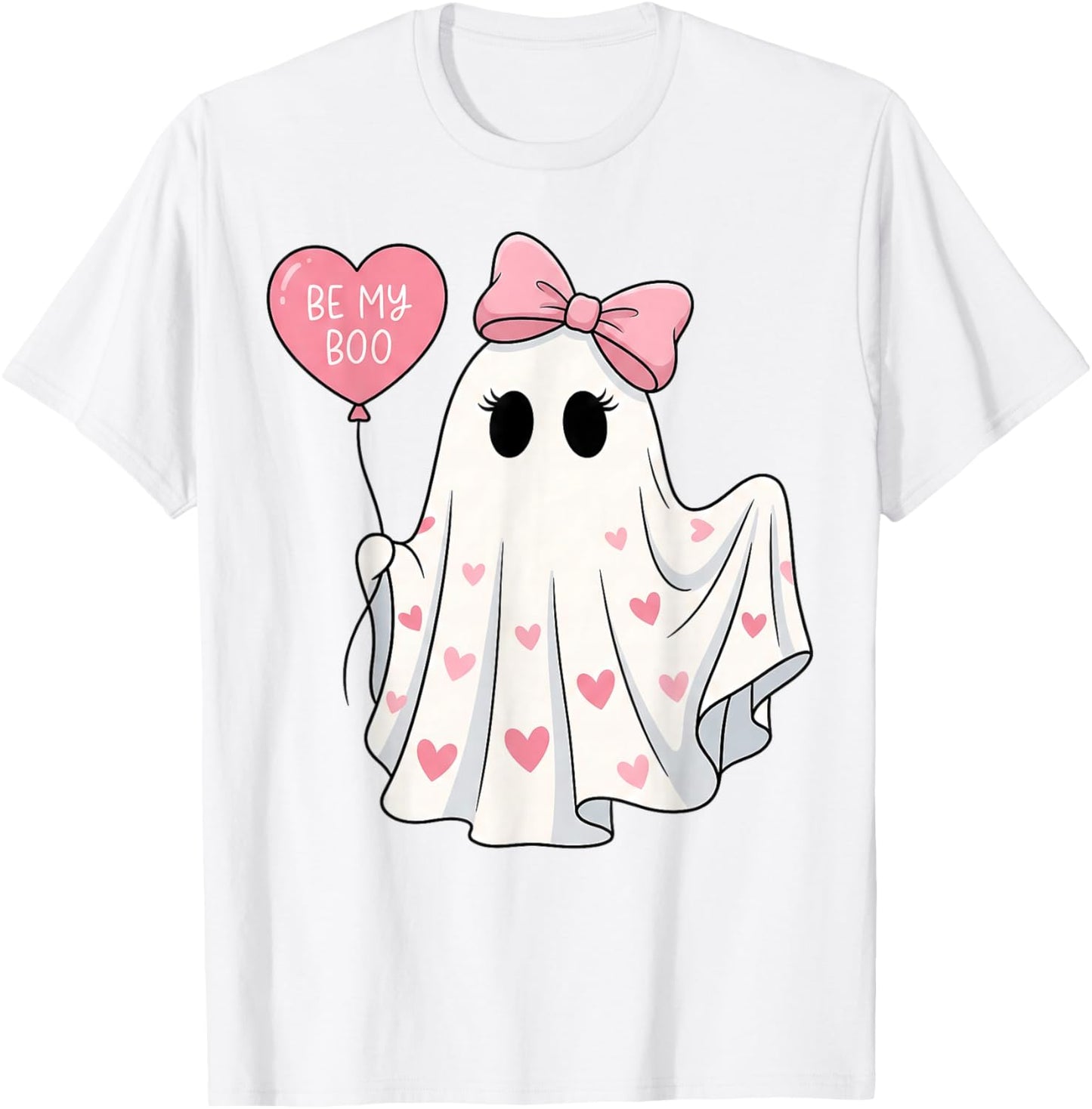 Be My Boo Cute Ghost Pink Bow and Hearts Valenween T-Shirt - T-Shirt | White