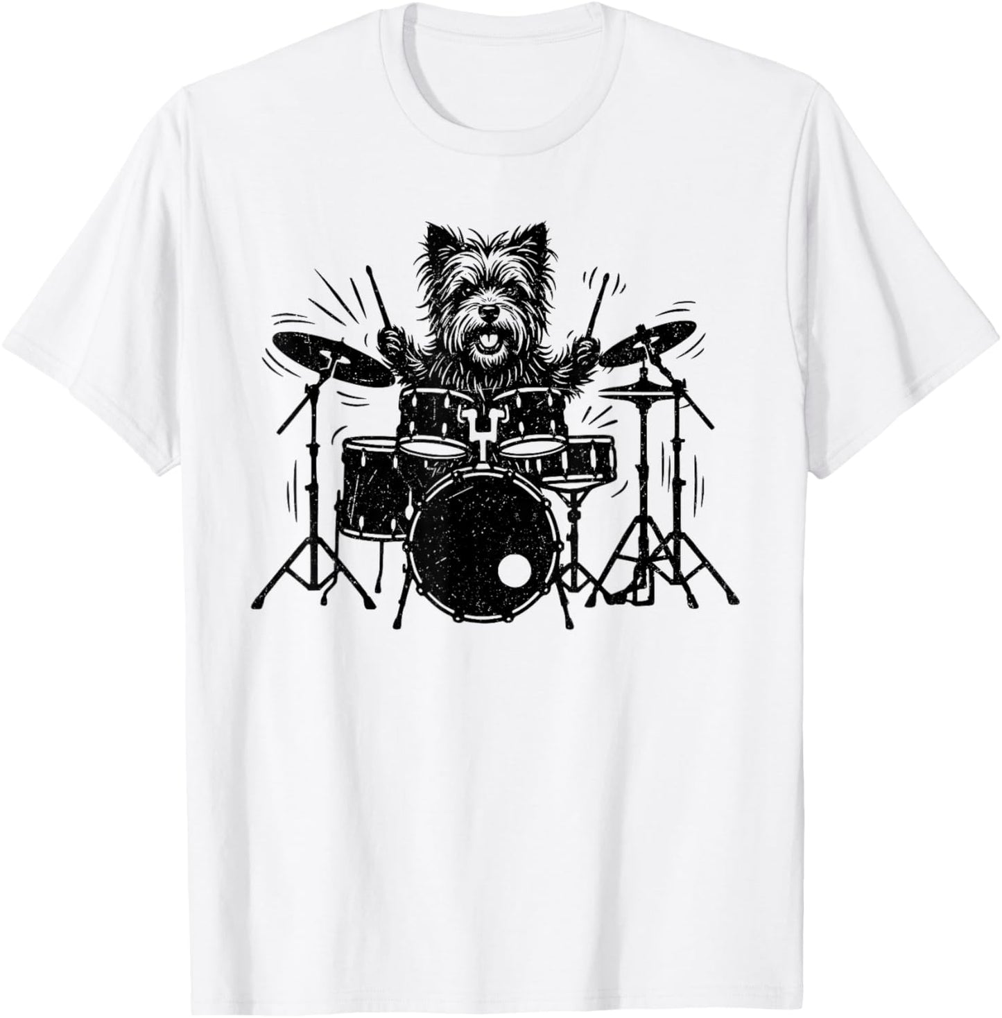 Vintage Yorkie Rock Funny Dog Playing Drums Rock Style T-Shirt - T-Shirt | White