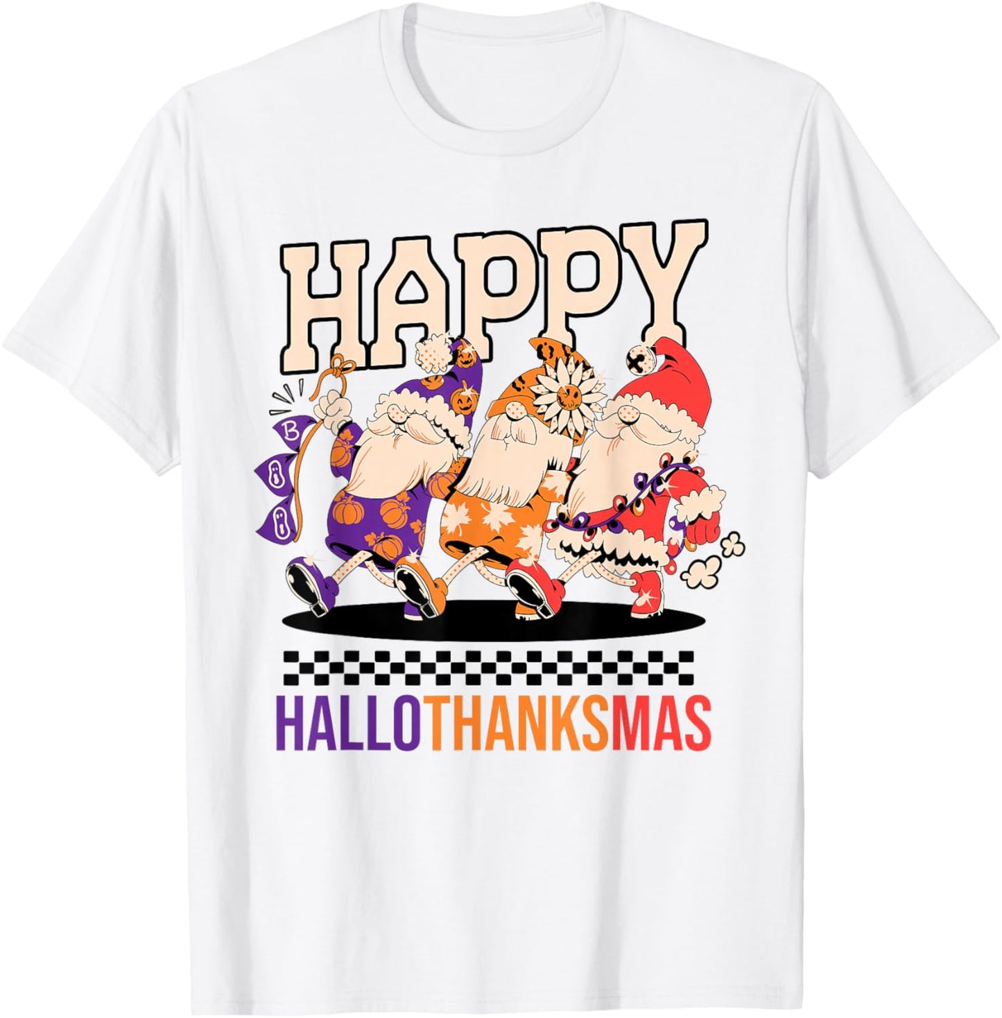 Happy HalloThanksMas Holiday Gnomes Design T-Shirt - T-Shirt | White