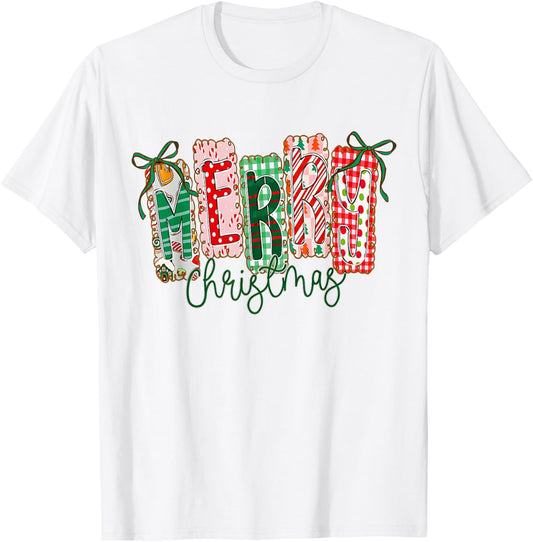 Preppy Merry Christmas Coquette Bow Pink Christmas Tree Girl T-Shirt - T-Shirt | White