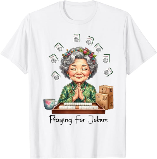 Mahjong Grandma Praying for Jokers Chinese Tile Game Day T-Shirt - T-Shirt | White