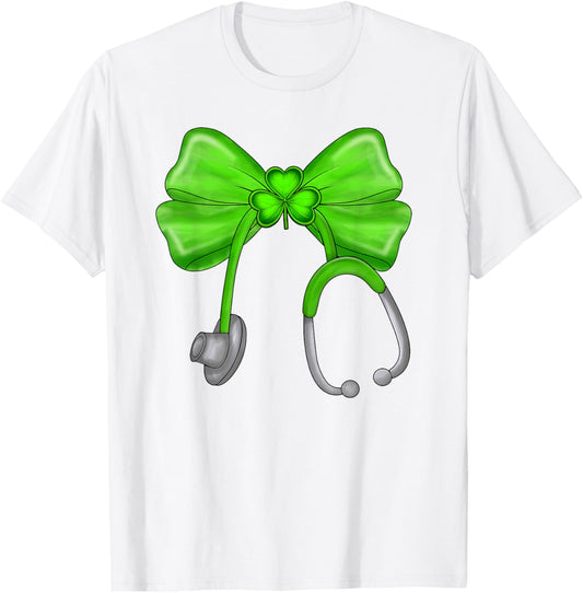 Irish Nurse Stethoscope Scrub Coquette Bow St Patricks Day T-Shirt - T-Shirt | White