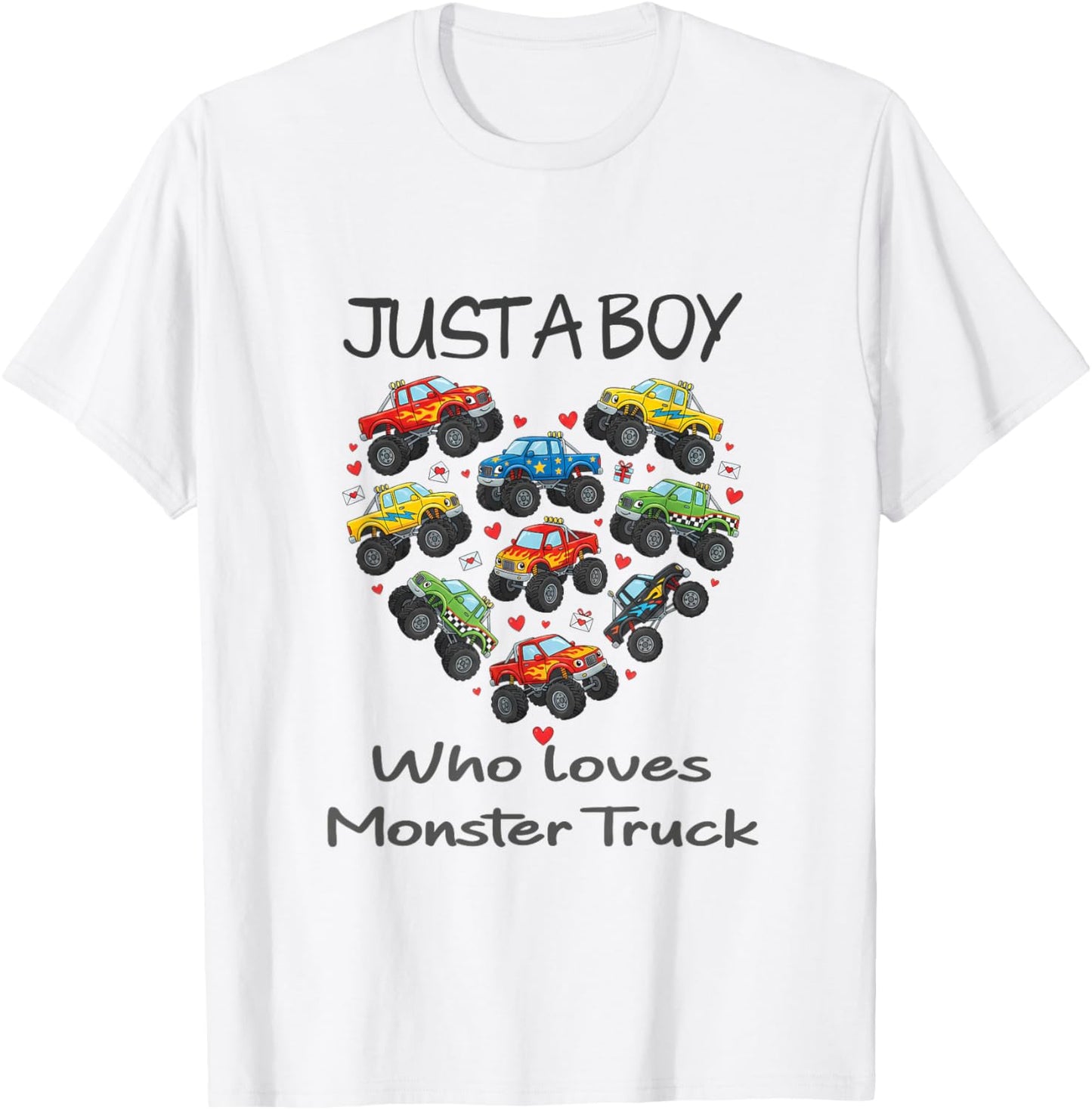Valentines Day Boys Kids Toddler Monster Truck Hearts T-Shirt - T-Shirt | White