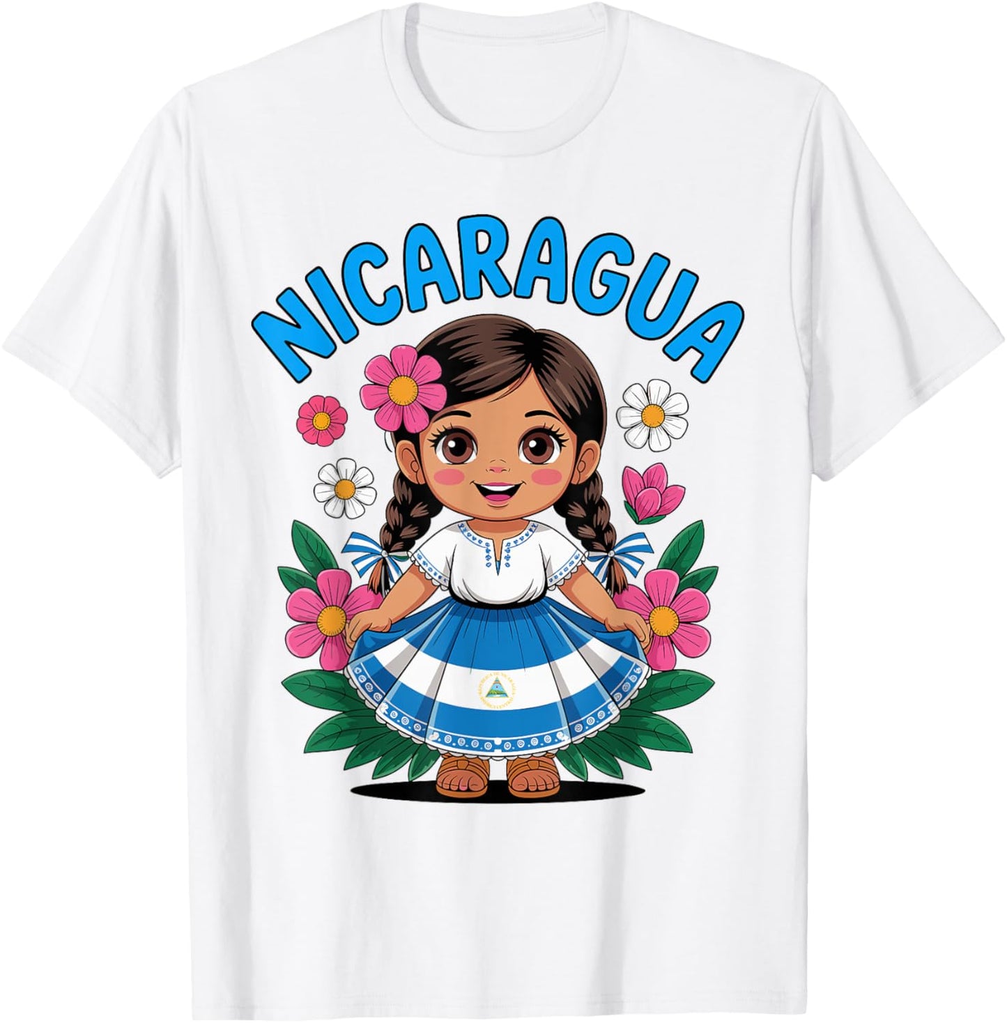 Cute Nicaragua Girl Traditional Dress with Flag Art for Kids T-Shirt - T-Shirt | White