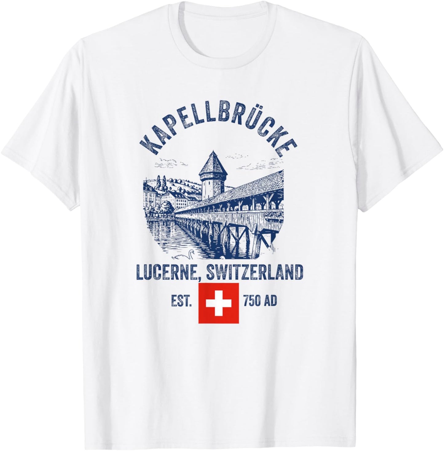 Lucerne Switzerland Flag Skyline Souvenir Bridge Chapel T-Shirt - T-Shirt | White